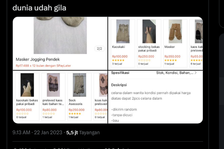 tangkapan layar unggahan orang yang menjual barang bekas pakai di e-commerce viral di media sosial pada Minggu (22/1/2023).