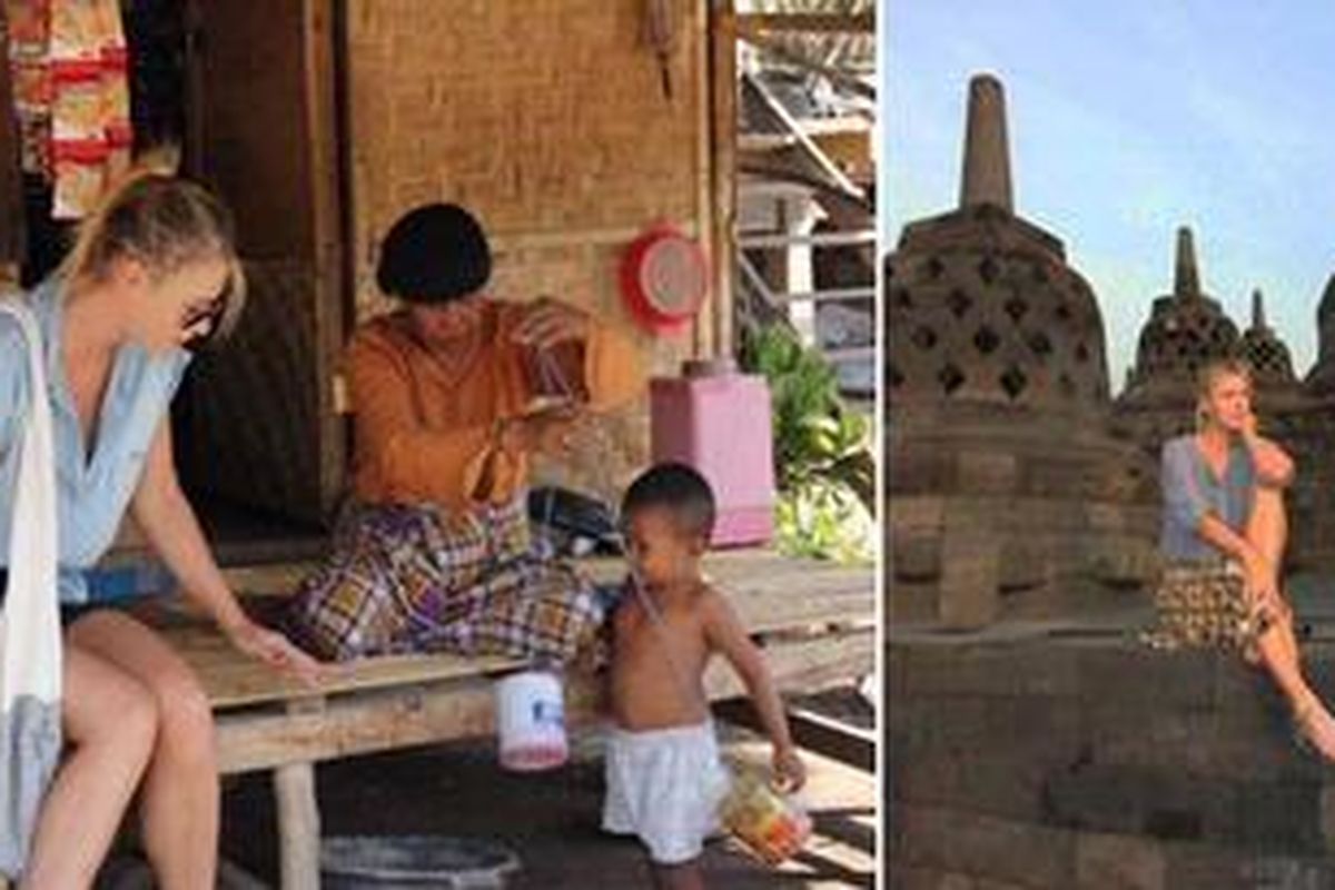Foto kiri: Maria Sharapova di Pulau Moyo. Foto kanan: Sharapova di Candi Borobudur.