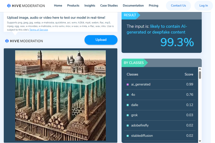 Tangkapan layar Hive Moderation menunjukkan, desain pondasi Kota Venesia dibangun di atas batang kayu memiliki probabilitas 99,3 persen dihasilkan AI.