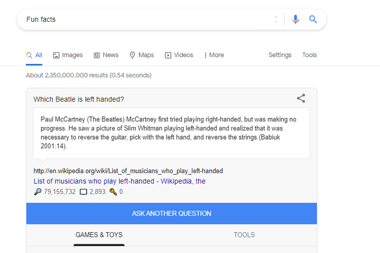 Tangkapan layar fitur tersembunyi Google Search, Fun Facts.