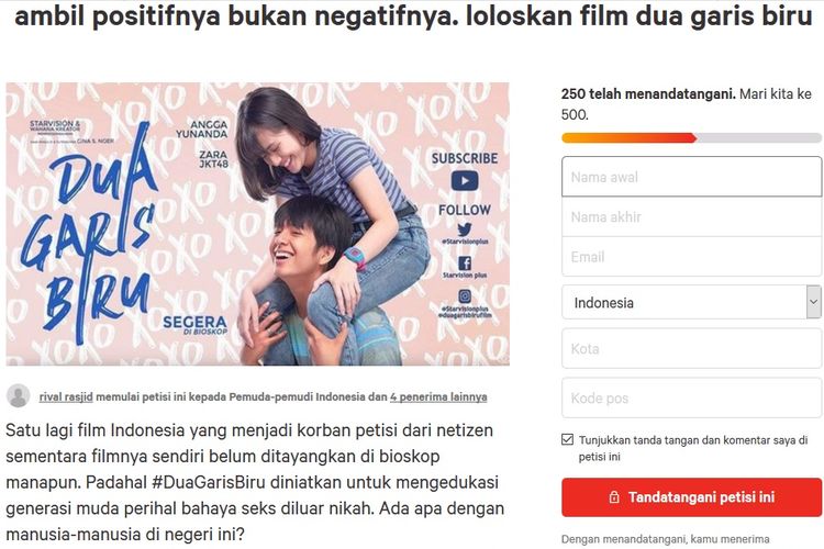 Petisi di change.org untuk meloloskan film Dua Garis Biru yang ditentang sebelumnya.