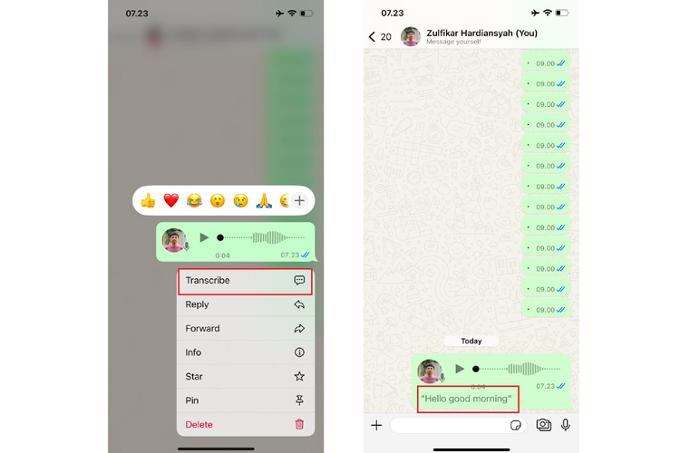 Ilustrasi cara transkrip Voice Note WhatsApp dengan Voice Message Transcripts.