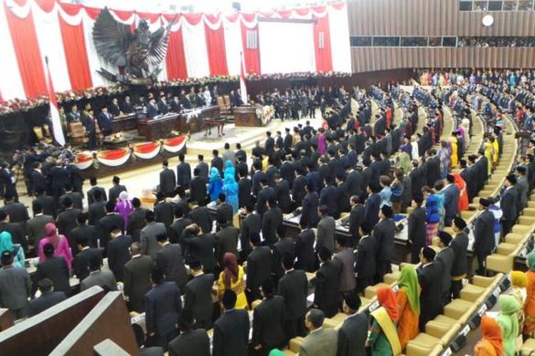 Suasana pelantikan Joko Widodo dan Jusuf Kalla sebagai Presiden dan Wakil Presiden RI di Ruang Sidang Paripurna I, Gedung Nusantara, Kompleks Parlemen, Senin (20/10/2014).