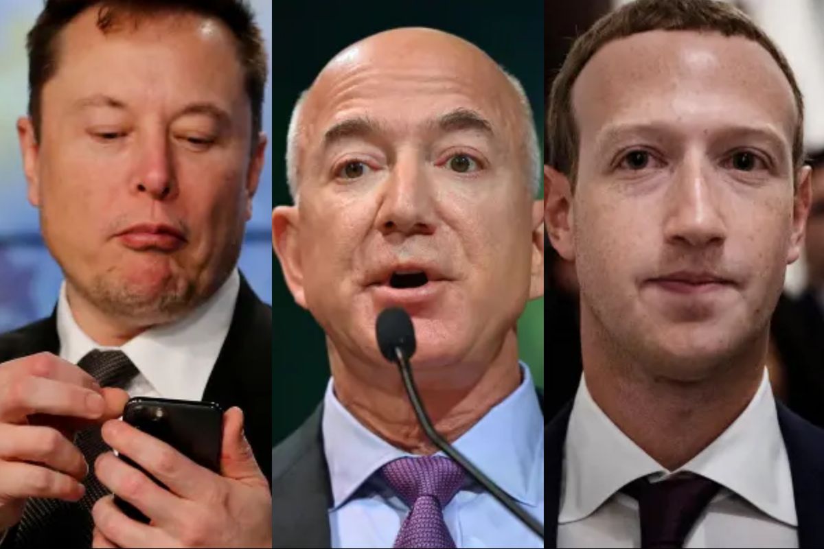 Ilustrtasi CEO Tesla Elon Musk, pendiri Amazon Jeff Bezos, dan CEO Meta Mark Zuckerberg.