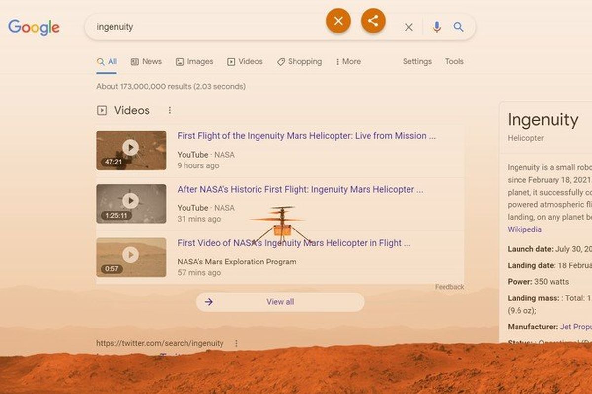 Ilustrasi helikopter Ingenuity yang mejeng di laman hasil pencarian Google.
