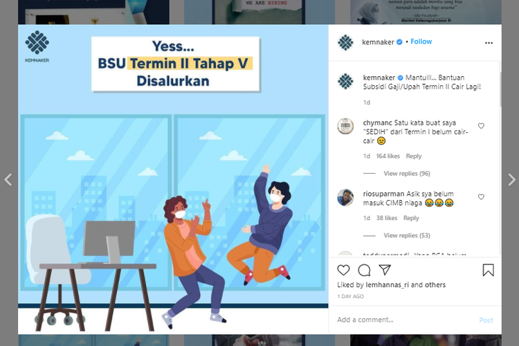 Tangkapan layar informasi penyaluran Bantuan Subsidi Upah (BSU) termin II tahap 5 via Instagram Kemanker.