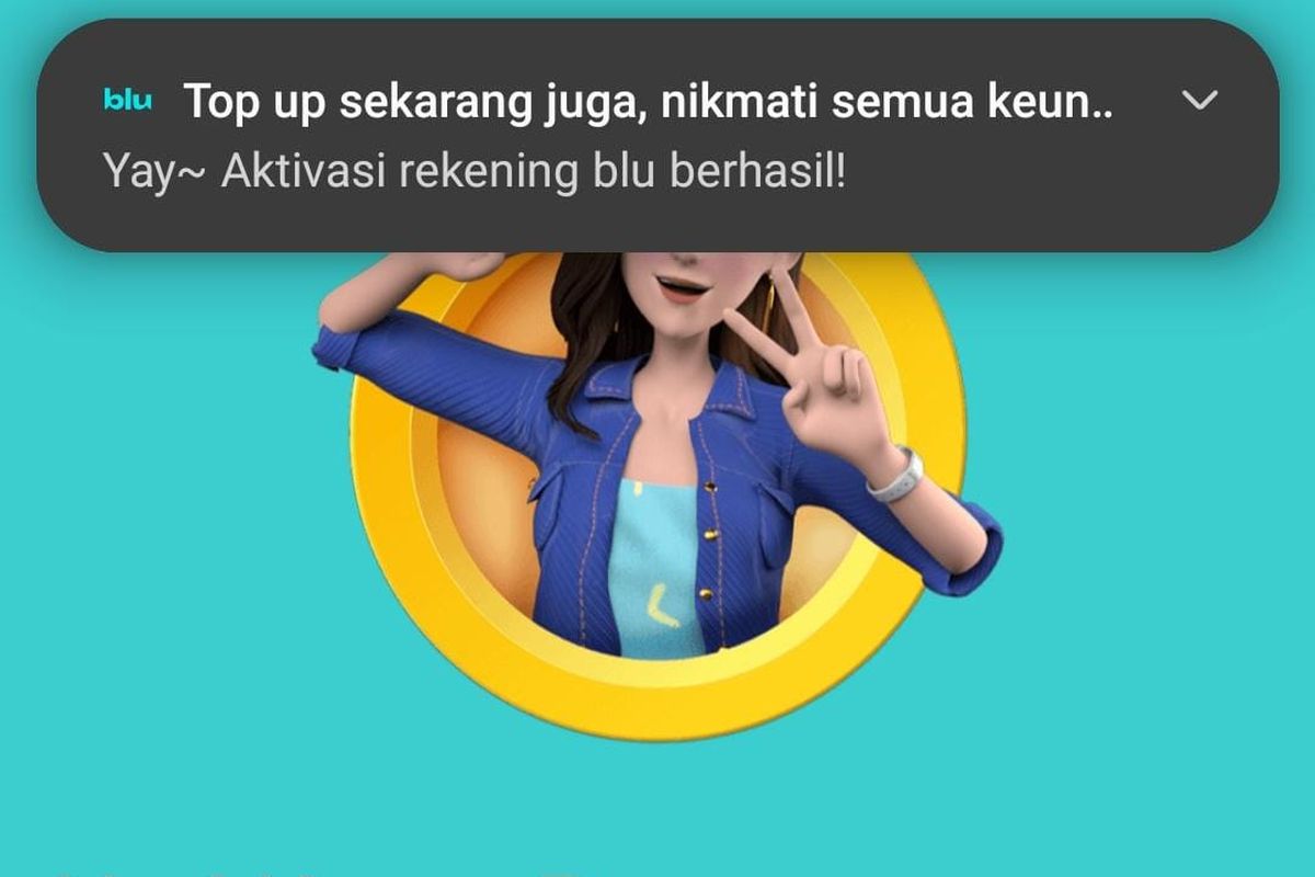 Tampilan halaman aplikasi blu by BCA saat pendaftaran rekening berhasil dilakukan