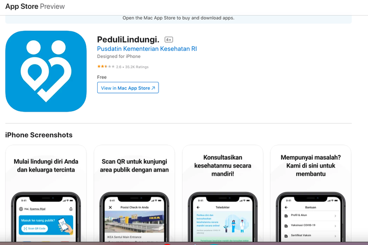 PeduliLindungi di web App Store, menyarankan pengguna mengunjungi Mac App Store.