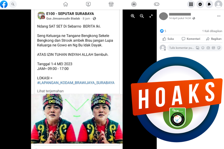 Tangkapan layar unggahan dengan narasi hoaks di sebuah akun Facebook, Jumat (14/4/2023), soal pesan berantai kedatangan Ida Dayak ke Surabaya pada 1-4 Mei 2023.