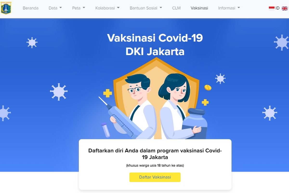 Situs web corona.jakarta.go.id untuk mendaftar vaksinasi Covid-19 di Jakarta.