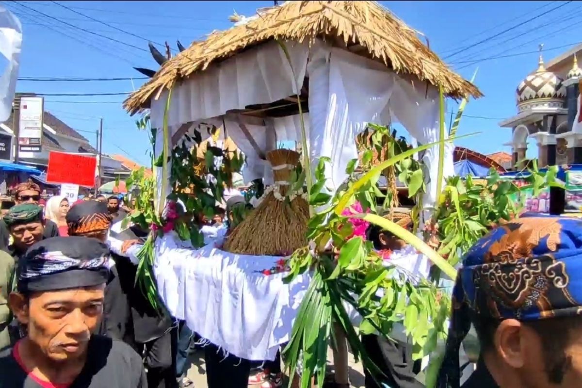 Sejumlah warga Desa Pangkalan Kecamatan Plered Kabupaten Cirebon Jawa Barat menggelar tradisi Mapag Sri Minggu (14/5/2023). Mereka mengarak hasil panen bumi keliling desa sebagai ungkapan syukur.
