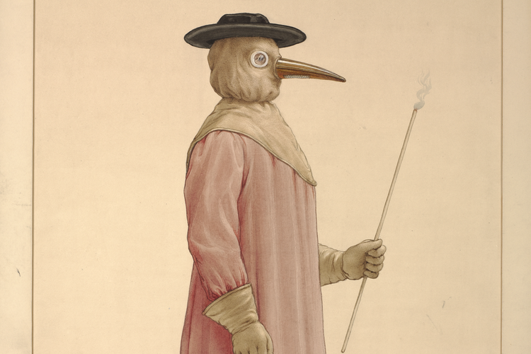 Ilustrasi pakaian pelindung diri paling awal di abad ke 17, sebelum hazmat modern ditemukan. Pakaian ini digunakan dokter dengan desain topeng paruh untuk melindung wajah dari wabah penyakit.