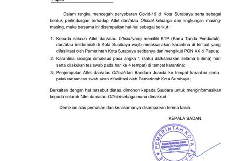 Pemkot Surabaya Wajibkan Atlet dan Ofisial Karantina 5 Hari Usai PON XX Papua