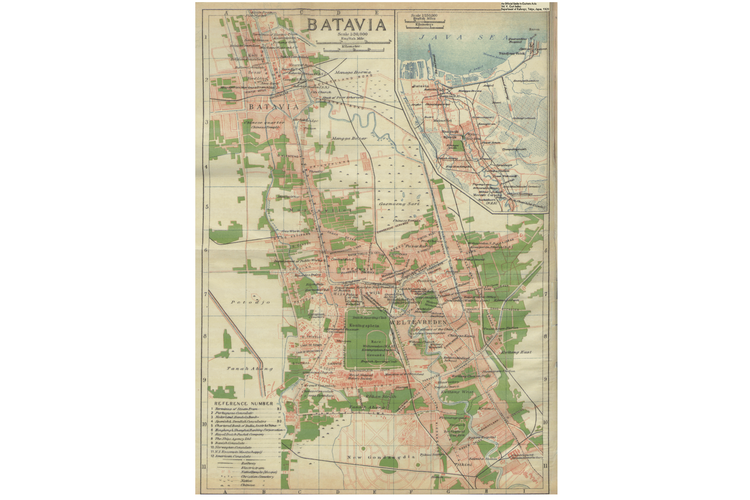 Peta Batavia--nama lama Jakarta--pada 1920 yang di dalamnya memuat pula jalur trem.