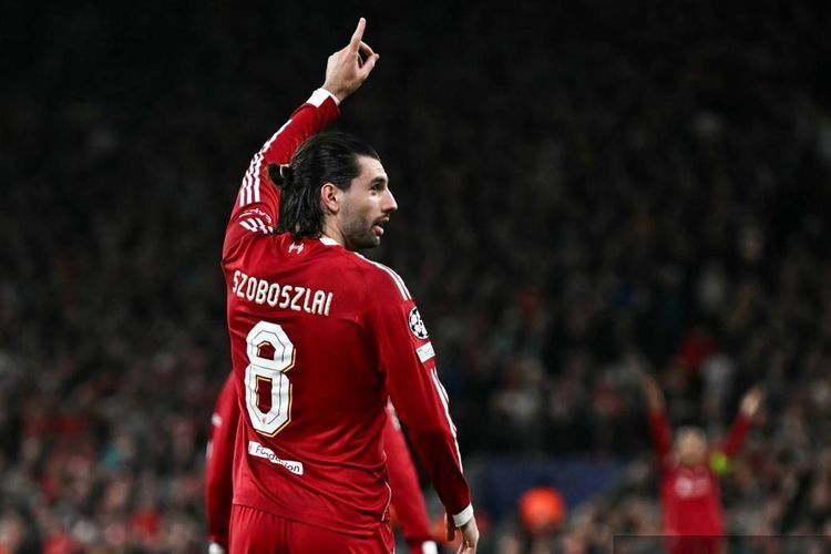 Gelandang Liverpool, Dominik Szoboszlai, merayakan gol pertama timnya pada laga leg kedua babak 16 besar Liga Champions antara Liverpool dan Galatasaray di Anfield, Liverpool, Inggris barat laut pada 18 Maret 2026.