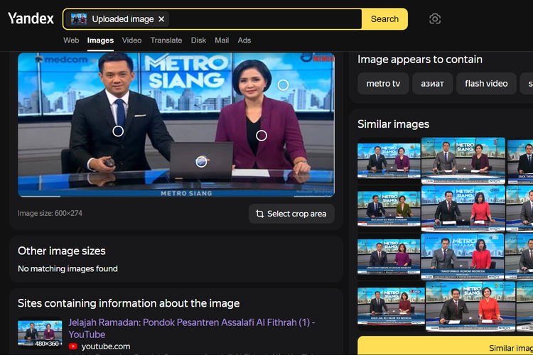 Tangkapan layar pencarian gambar di Yandex, menampilkan siaran Medcom.id soal aktivitas Ramdan di Pondok Pesantren Assalafi Al Fithrah Surabaya, Jawa Timur pada 2018. 