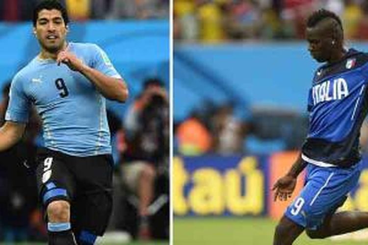 Kombinasi foto yang dibikin pada 22 Juni 2014 yang memperlihatkan penyerang Uruguay Luis Suarez (kiri) ketika bermain melawan Inggris pada penyisihan Grup D melawan Inggris di Corinthians Arena, Sao Paulo, pada 19 Juni 2014 dan penyerang Italia, Mario Balotelli (kanan), saat pemanasan menjelang laga Grup D melawan Inggris di Amazonia Arena di Manaus pada 14 Juni 2014.