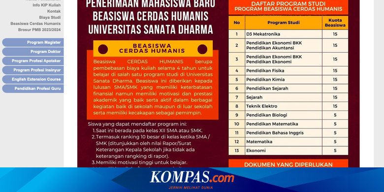 Beasiswa Mahasiswa Baru USD, Gratis Biaya Kuliah 4 Tahun, Ini Syarat