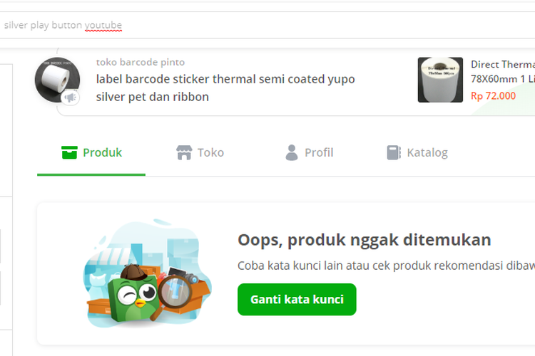 Tangkapan layar situs Tokopedia yang sudah tidak menemukan hasil pencarian Silver Play Button dan Gold Play Button palsu.