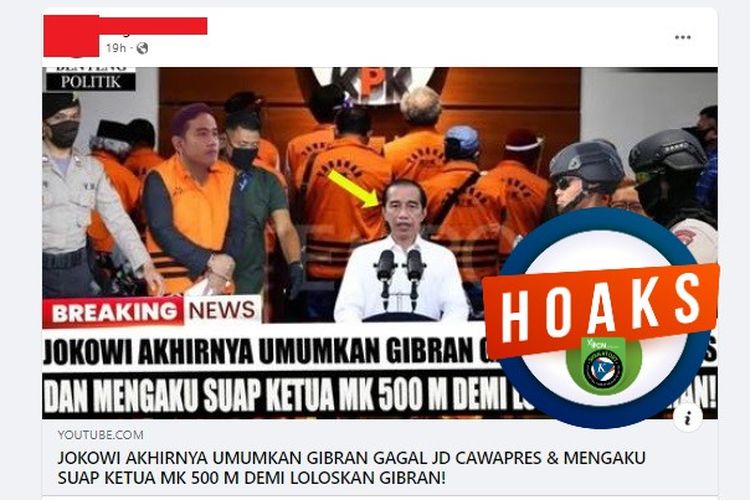 Tangkapan layar Facebook narasi yang menyebut Jokowi mengaku menyuap mantan Ketua MK, Anwar Usman Rp 500 triliun untuk meloloskan Gibran sebagai cawapres