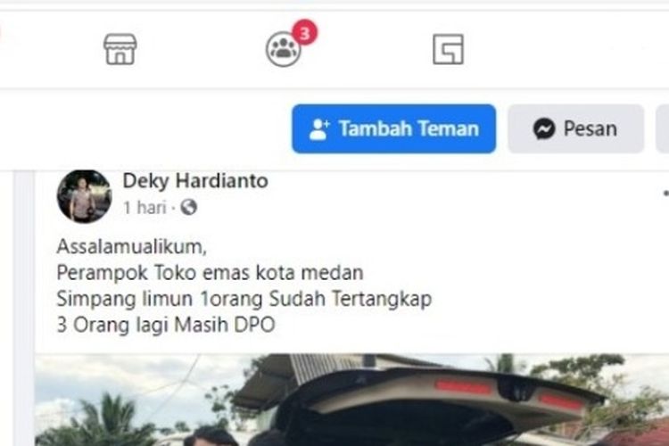 Foto penangkapan seseorang yang diberi keterangan bahwa yang ditangkap adalah pelaku perampokan toko emas di Simpang Limun, Medan. Polda Sumut menyebut unggahan tersebut tidaklah benar.