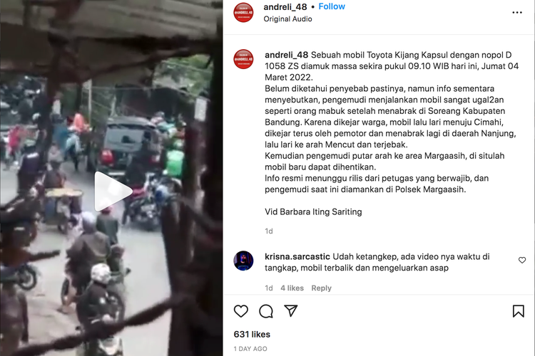 Tangkapan layar mobil kijang diamuk massa di Bandung