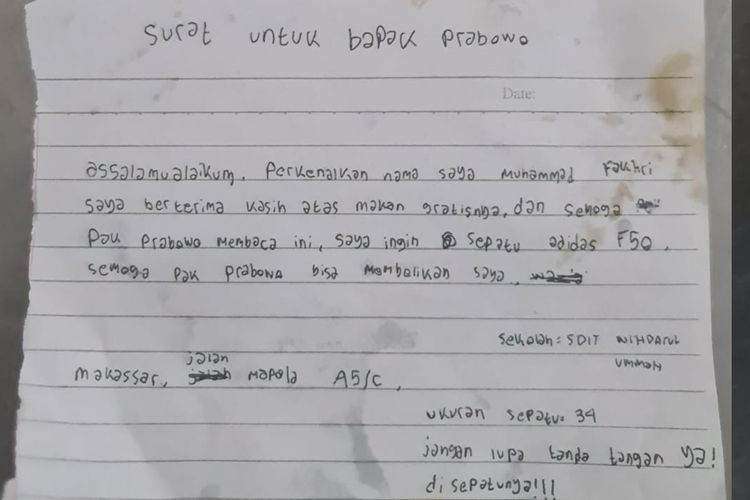 Surat-surat ucapan terima kasih para siswa kepada presiden RI Prabowo Subianto untuk program MBG yang ditemukan petugas saat mencuci ompreng makan. Rabu (8/1/2025).