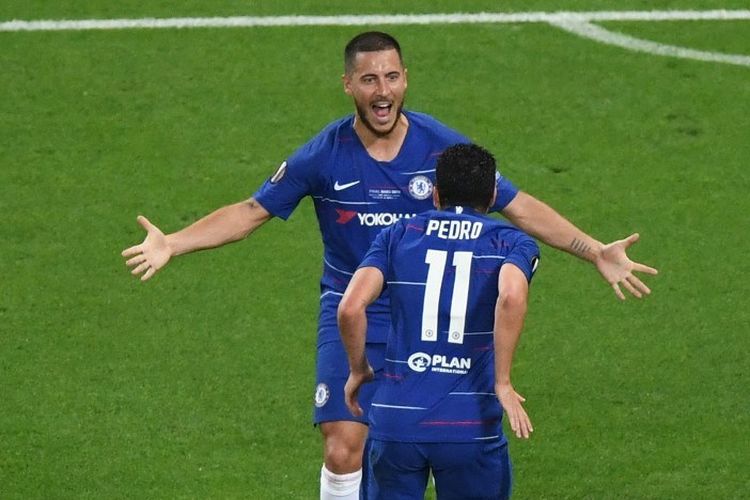 Eden Hazard merayakan gol Pedro Rodriguez pada laga Chelsea vs Arsenal dalam final Liga Europa di Stadion Olimpiade Baku, Azerbaijan, 29 Mei 2019. 