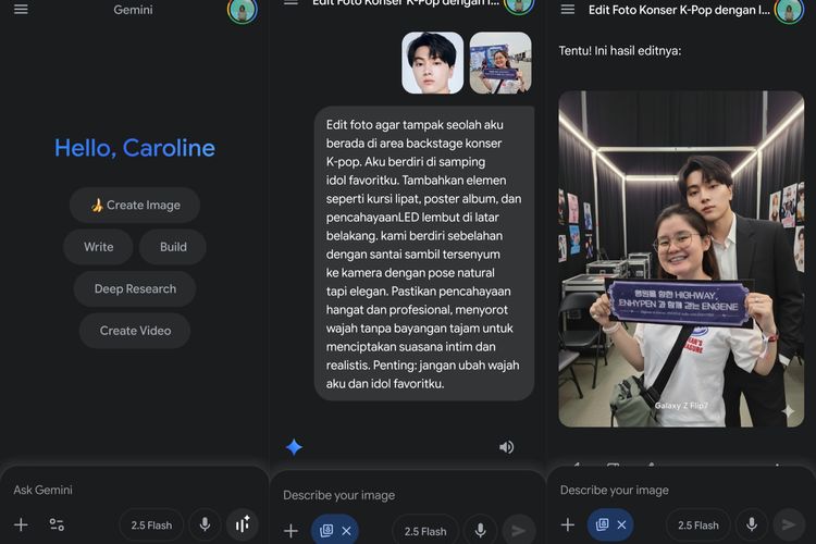 Prompt Gemini AI di Galaxy Z Flip 7 untuk bikin foto bareng idola: Edit foto agar tampak seolah aku berada di area backstage konser K-pop. Aku berdiri di samping idol favoritku. Tambahkan elemen seperti kursi lipat, poster album, dan pencahayaanLED lembut di latar belakang. kami berdiri sebelahan dengan santai sambil tersenyum ke kamera dengan pose natural tapi elegan. Pastikan pencahayaan hangat dan profesional, menyorot wajah tanpa bayangan tajam untuk menciptakan suasana intim dan realistis. Penting: jangan ubah wajah aku dan idol favoritku.