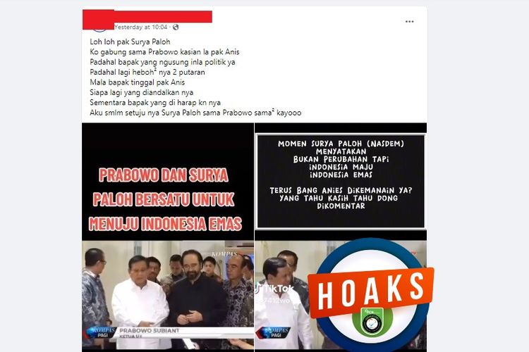 Tangkapan layar Facebook narasi yang menyebut Surya Paloh bergabung dengan Prabowo Subianto