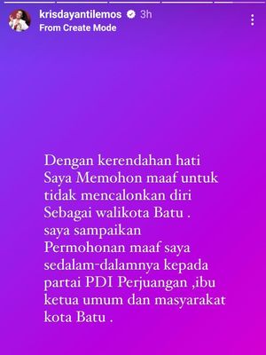 Unggahan permohonan maaf Kris Dayanti yang menyatakan menolak dicalonkan sebagai Wali Kota Batu pada Kamis (22/8/2024) malam.