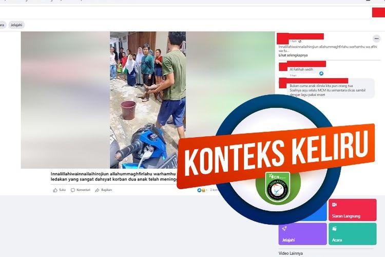 Tangkapan layar Facebook narasi yang menyebut bahwa dua anak di daerah Kapuk, Cengkareng tewas karena bermain HP sambil di-charge