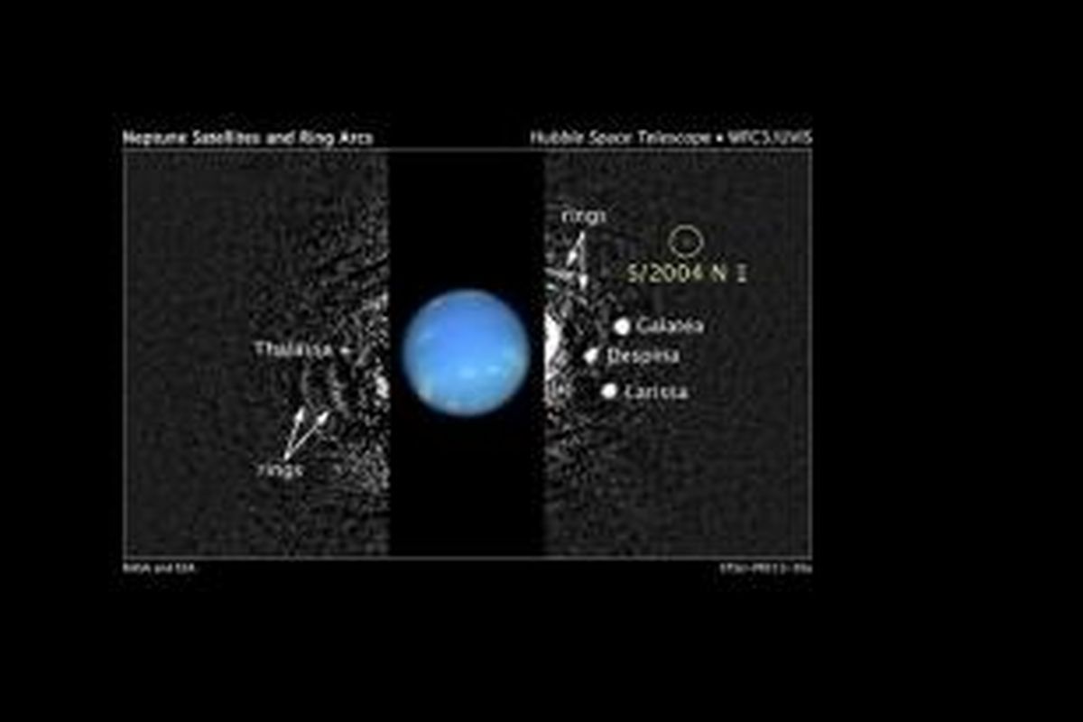 Ilustrasi letak S/2004 N 1, bulan baru Neptunus, dalam sistem planet terjauh di Tata Surya itu. 