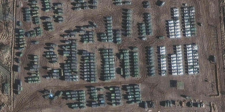 A satellite image taken on November 1, 2021 shows a large Russian ground force stationed in Yelnya City, Smolensk Oblast Region.  Western countries such as the US and NATO have said they are concerned about Russia's activities that place troops on the border with Ukraine.
