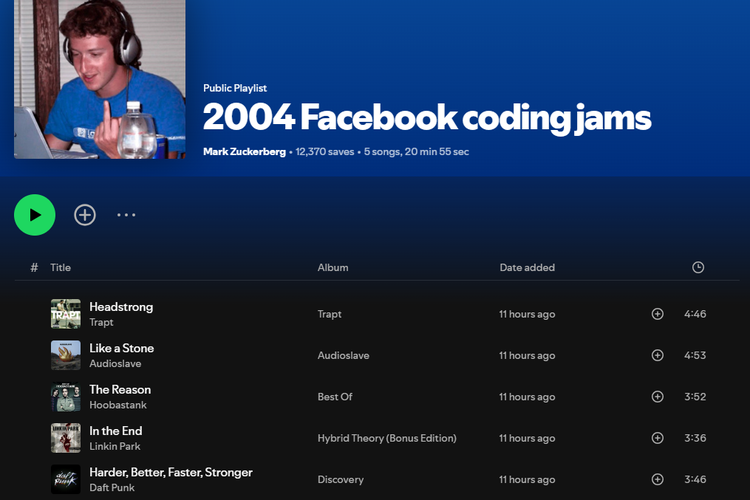 Tampilan playlist Spotify lagu yang sering dimainkan Zuck ketika membuat Facebook.