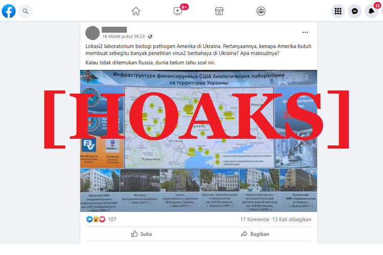 Tangkapan layar unggahan hoaks di sebuah akun Facebook, tentang peta yang diklaim sebagai lokasi laboratorium biologi patogen AS di Ukraina.
