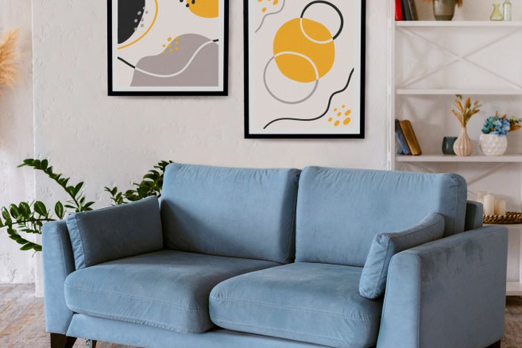 ilustrasi sofa berwarna biru muda di ruang tamu