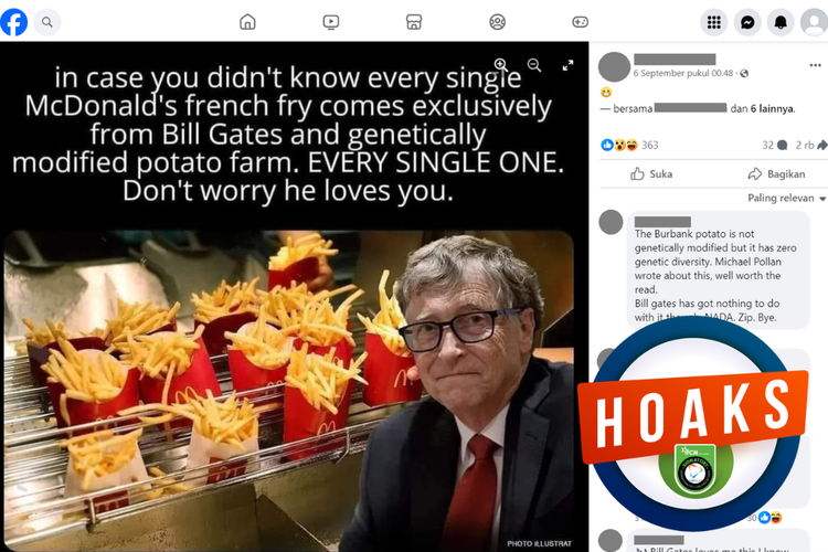 Tangkapan layar unggahan dengan narasi hoaks di sebuah akun Facebook, 6 September 2023, yang menyebut setiap kentang McDonald's bersumber dari kebun kentang hasil rekayasa genetika milik Bill Gates.