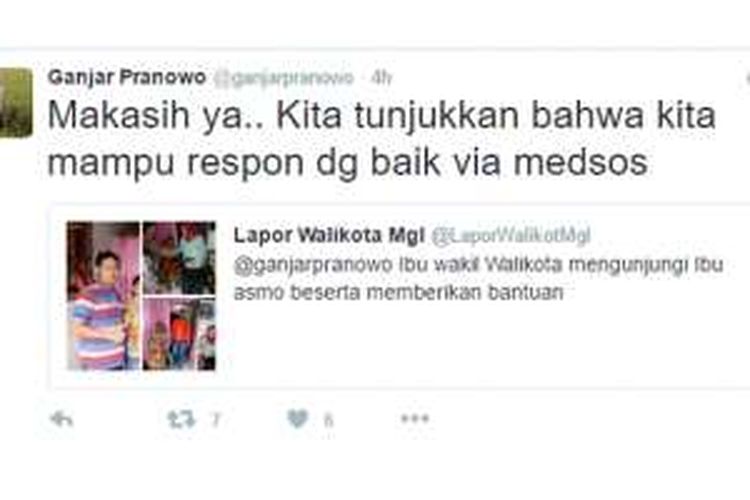 Dialog Gubernur Jawa Tengah Ganjar Pranowo dengan Wali Kota Magelang Sigit Widyonindito lewat Twitter saat membantu Mbah Asmo.