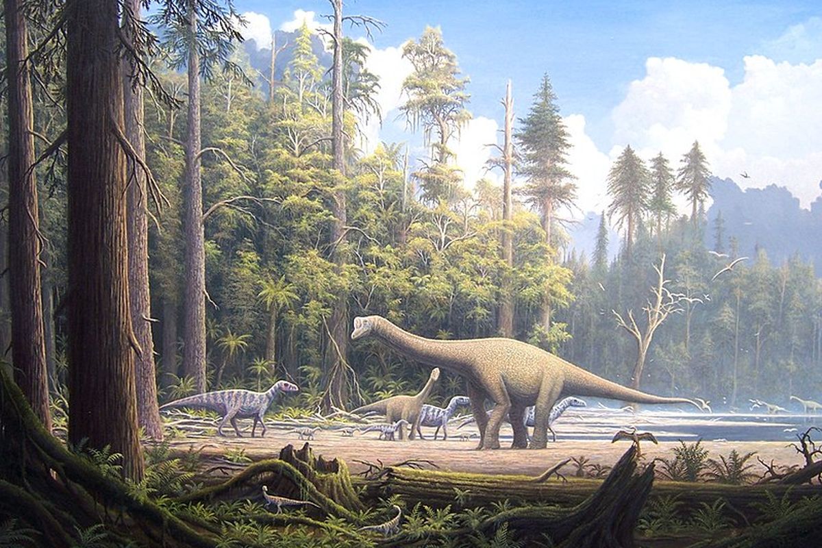 Ilustrasi kehidupan bumi di zaman mesozoik. Dinosaurus mendominasi kehidupan. 