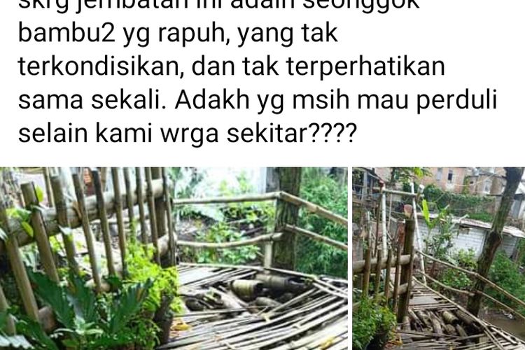 Jembatan bambu yang terletak di Jalan Bromo Gang VI RT 01 RW 11 Kelurahan Sisir, Kota Batu, Jawa Timur dengan kondisi rawan ambrol pada Minggu (20/2/2022) siang. 