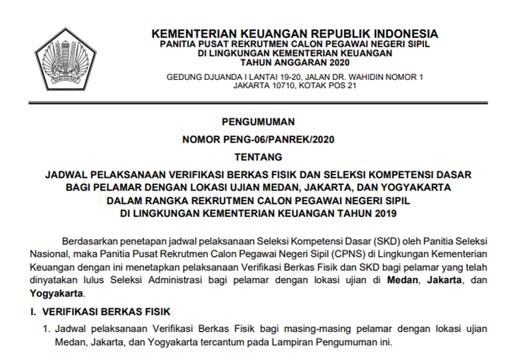 Pengumuman Jadwal Verifikasi Berkas Fisik dan SKD Kemenkeu CPNS 2019 di Medan, Jakarta, dan Yogyakarta