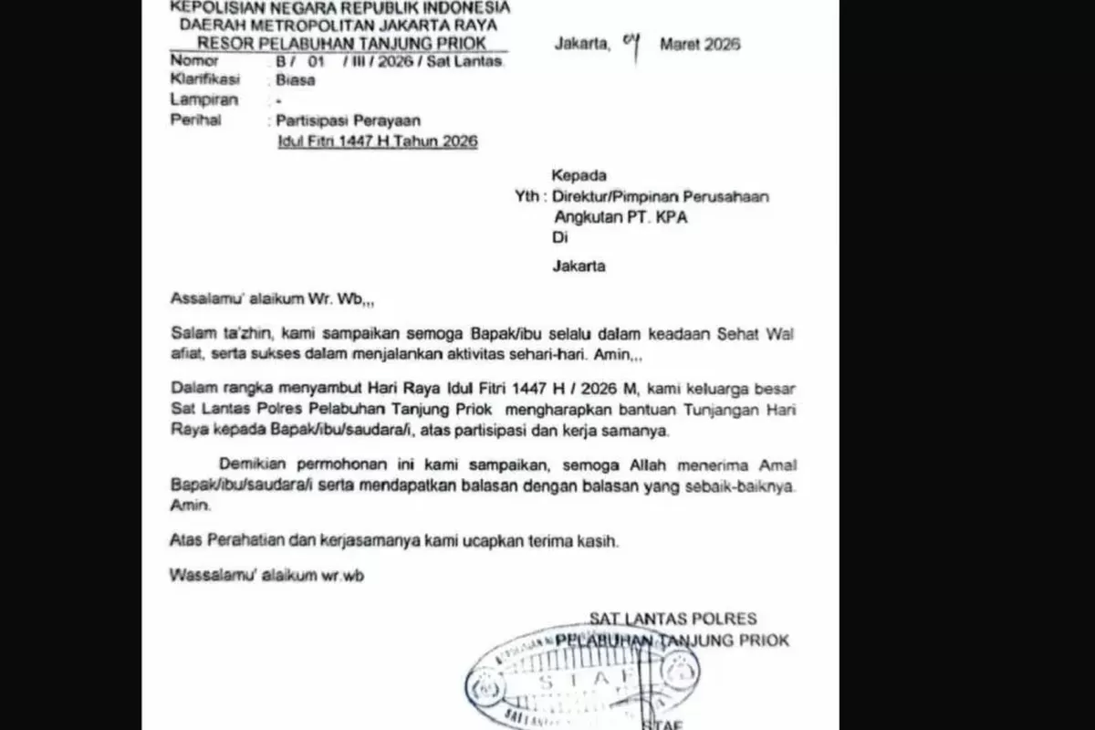 Beredar foto surat permintaan bantuan THR dari Polres Pelabuhan Tanjung Priok ke pengusaha angkutan jelangIdul Fitri 1446 Hijriah. 