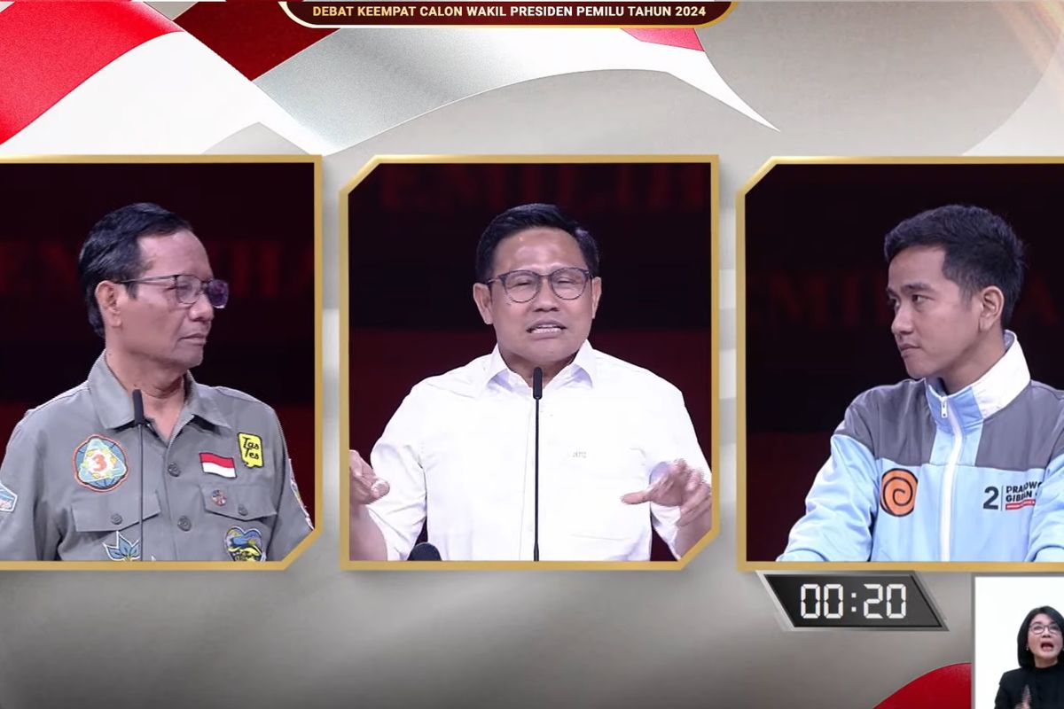 Cawapres nomor urut 1 Muhaimin Iskandar, cawapres nomor urut 2 Gibran Rakabuming Raka, dan cawapres nomor urut 3 Mahfud MD dalam debat pilpres ke-4, Minggu (21/1/2024).