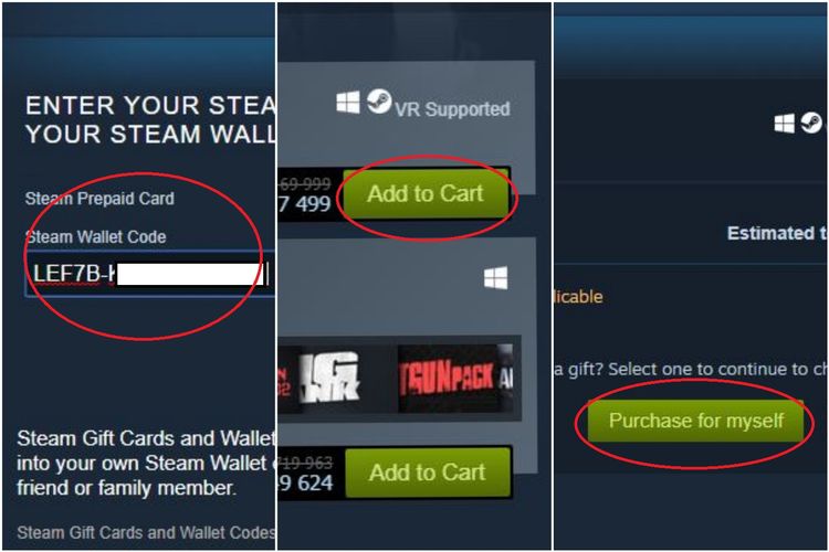 Ilustrasi langkah cara mengisi kode Steam Wallet dan membeli game Steam