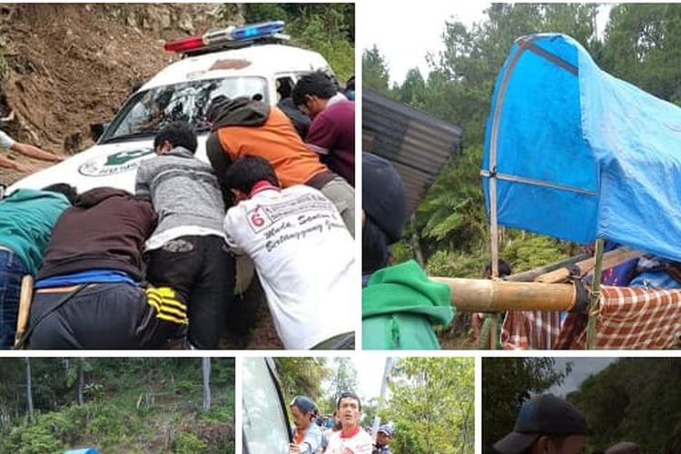 Seorang ibu hamil asal desa Minanga, Kecamatan Rongkong, Kabupaten Luwu Utara, Sulawesi Selatan, terpaksa ditandu sejauh 3 Kilometer karena akses jalan yang tidak memadai dan dijangkau oleh kendaraan, Kamis (2/5/2019) 