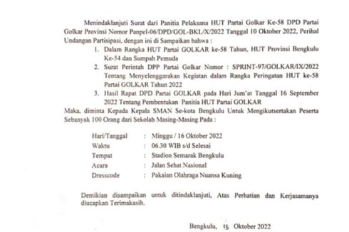 Diduga Mobilisasi Sekolah Ikut Jalan Santai Golkar, Kadisdikbud Bengkulu Dipanggil Bawaslu