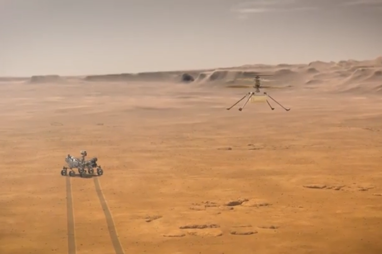 Gambaran Perseverance rover dan helikopter Ingenuity, dua robot milik NASA ketika menjalankan misi penjelajahan MARS 2020. 