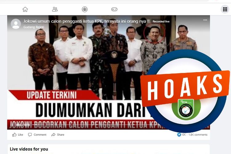 Tangkapan layar Facebook narasi yang menyebut bahwa Jokowi mengumumkan calon pengganti Firli Bahuri sebagai Ketua KPK