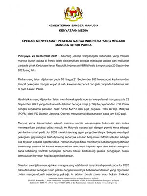 Pernyataan Kementerian Sumber Daya Manusia Malaysia tentang kasus TKI yang dianiaya dan tidak digaji selama tiga tahun di Ayer Tawar, Perak, Malaysia.